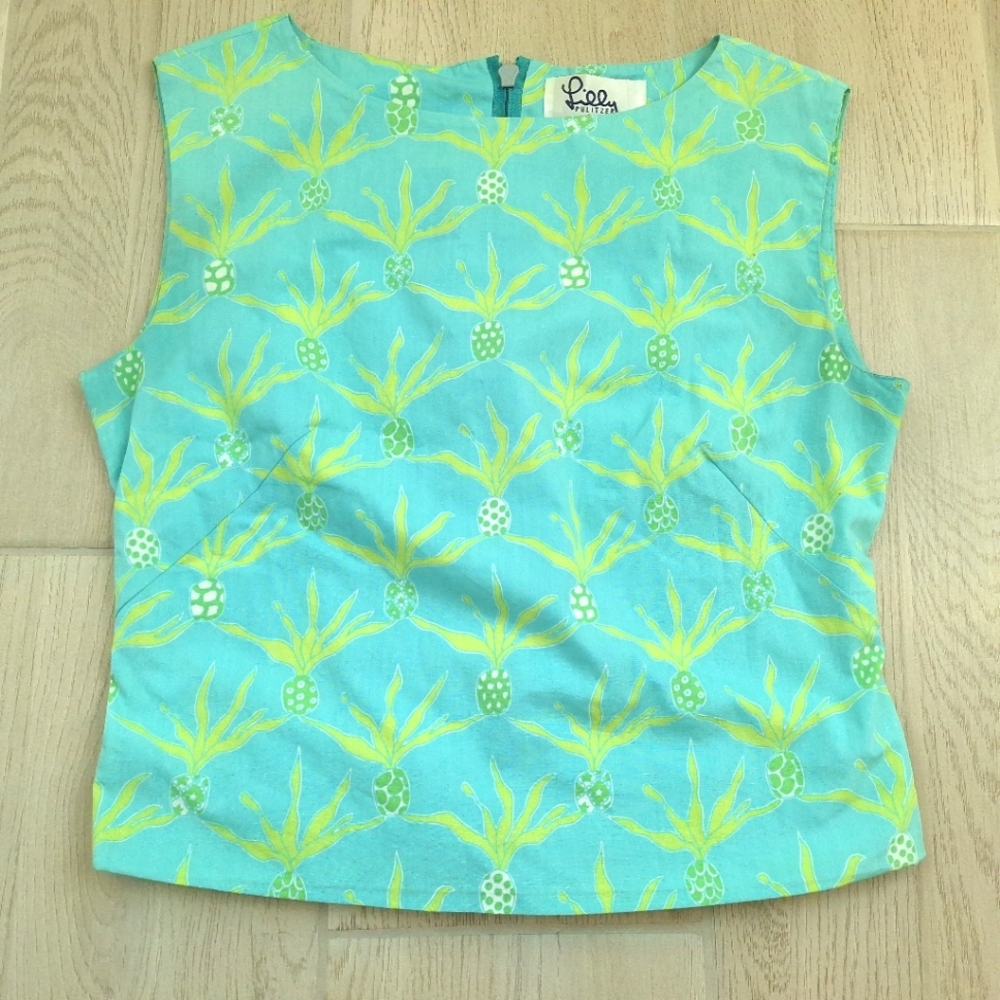 Lilly Pulitzer For Bergdorf Goodman Aqua Pineapple Print Sleeveless Top- Large - Picture 2 of 7